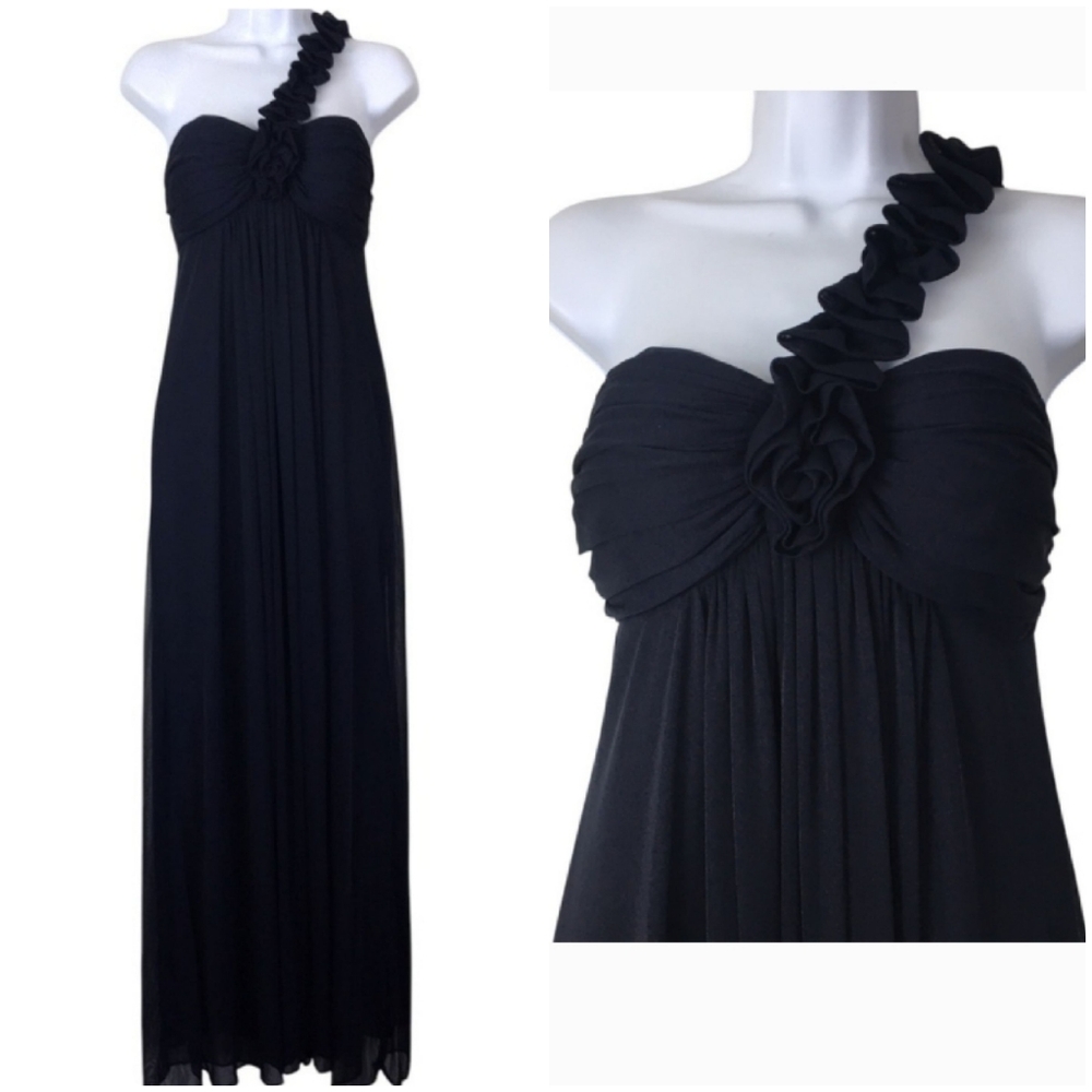 Betsy & Adam One Shoulder Rosette Formal Gown Sz 6 Navy Blue